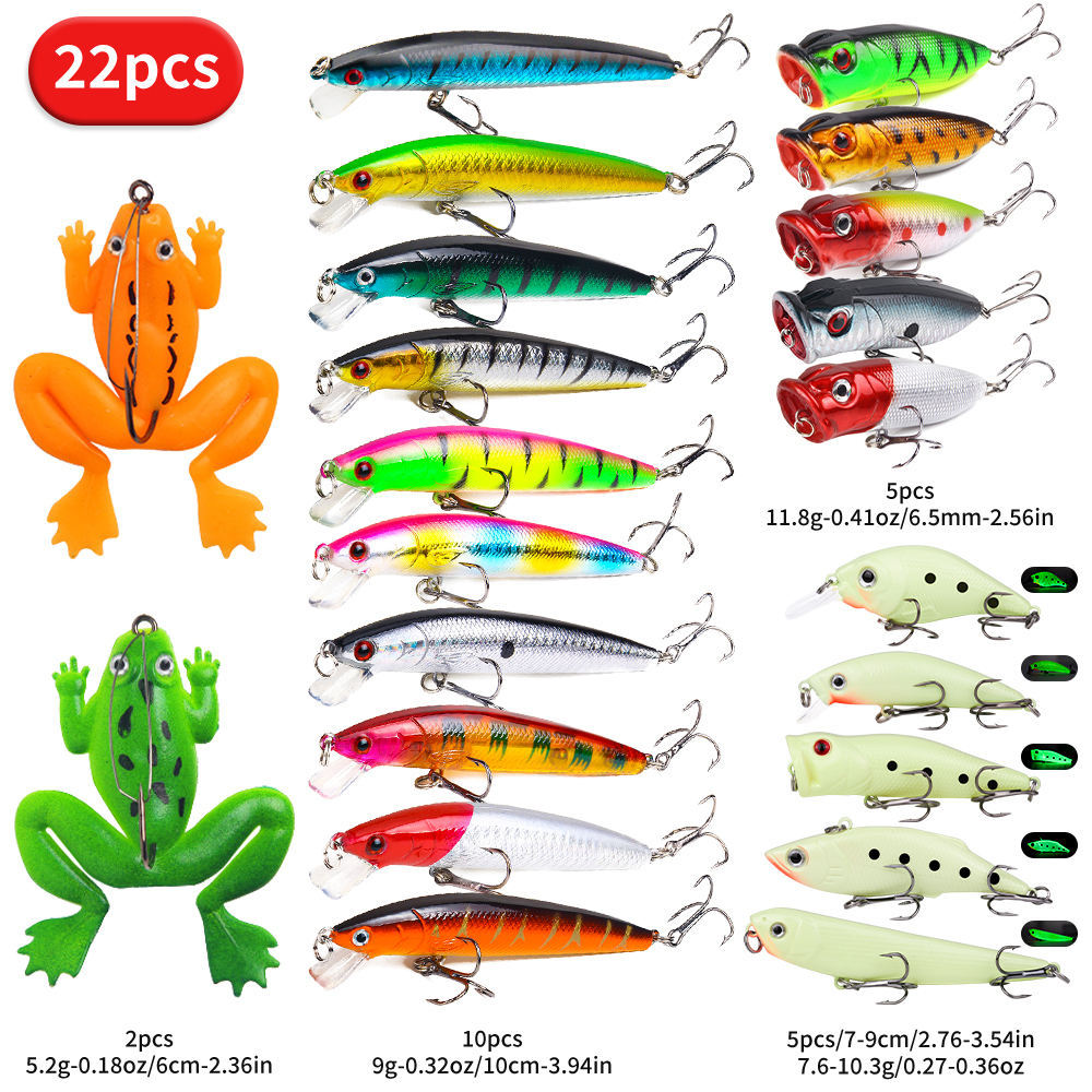 22-piece Set Hard Lure Soft Frog Popper Minnow Pencil VIB Luminous Bait Set Durable Hooks Realistic Action Ideal