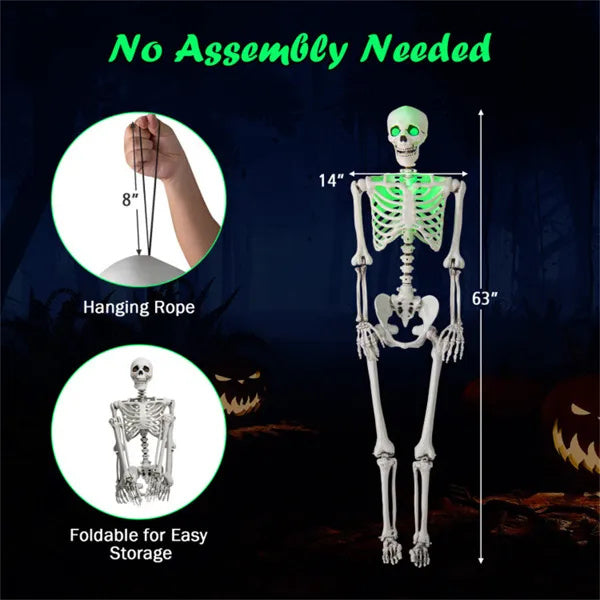 5.5ft Life-Size Pre-Lit Halloween Skeleton - Built-In Green LED Lights Eyes Chest , Fully Poseable Joints, PP PE Material