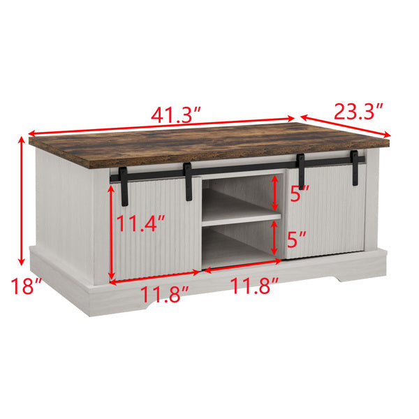 41.3 Inch Coffee Table With Storage And Sliding Wood Door, Farmhouse And Industrial Cocktail Table With Adjustable Shelves, Rectangular Rustic Living Room Table For Living Room Meeting Room