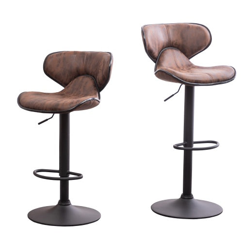 Swivel Barstool With Chrome Base Masaccio Weathered Upholstery Airlift Adjustable, Set Of 2, Brown