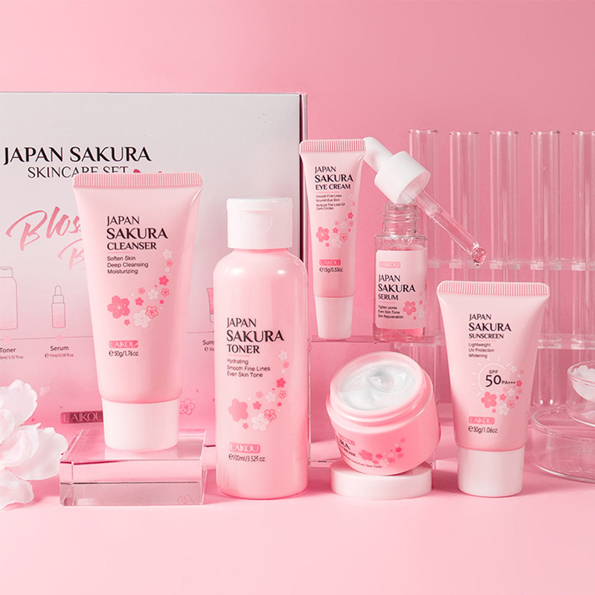 Skin Care Set JAPAN SAKURA Women Beauty Gift Sets Kit With Cleanser, Toner, Lotion, Serum, Eye Cream, Face Cream Travel Kit For Women Teen Girls Mom Daughter TSA-friendly Sizes 6pcs