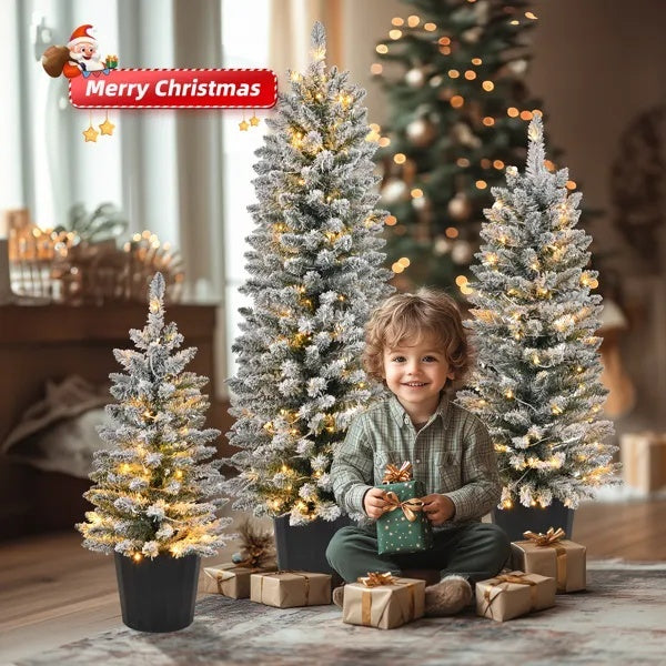 Set Of 3 Pre-lit Xmas Trees With Pot Stands, Snow Flocked Artificial Christmas Trees WithWarm Lights Battery Operated And Branch Tips For Holiday Party Office Home