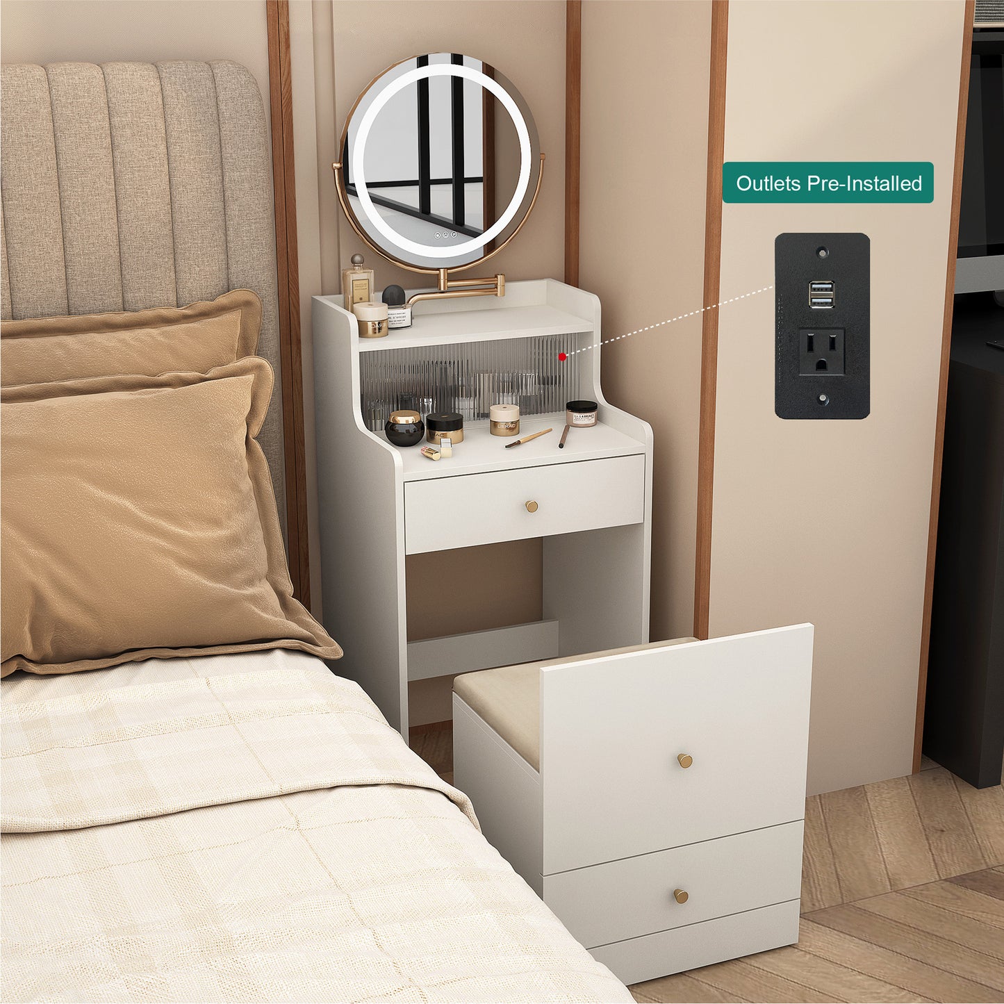 3 In 1 Vanity Desk With Mirror And Light ,Small Makeup Vanity Set With Charging Station, With 2 Drawers And Open Storage Space, With Upholstered Stool, Compact Dressing Table Writing Desk For Small Sp