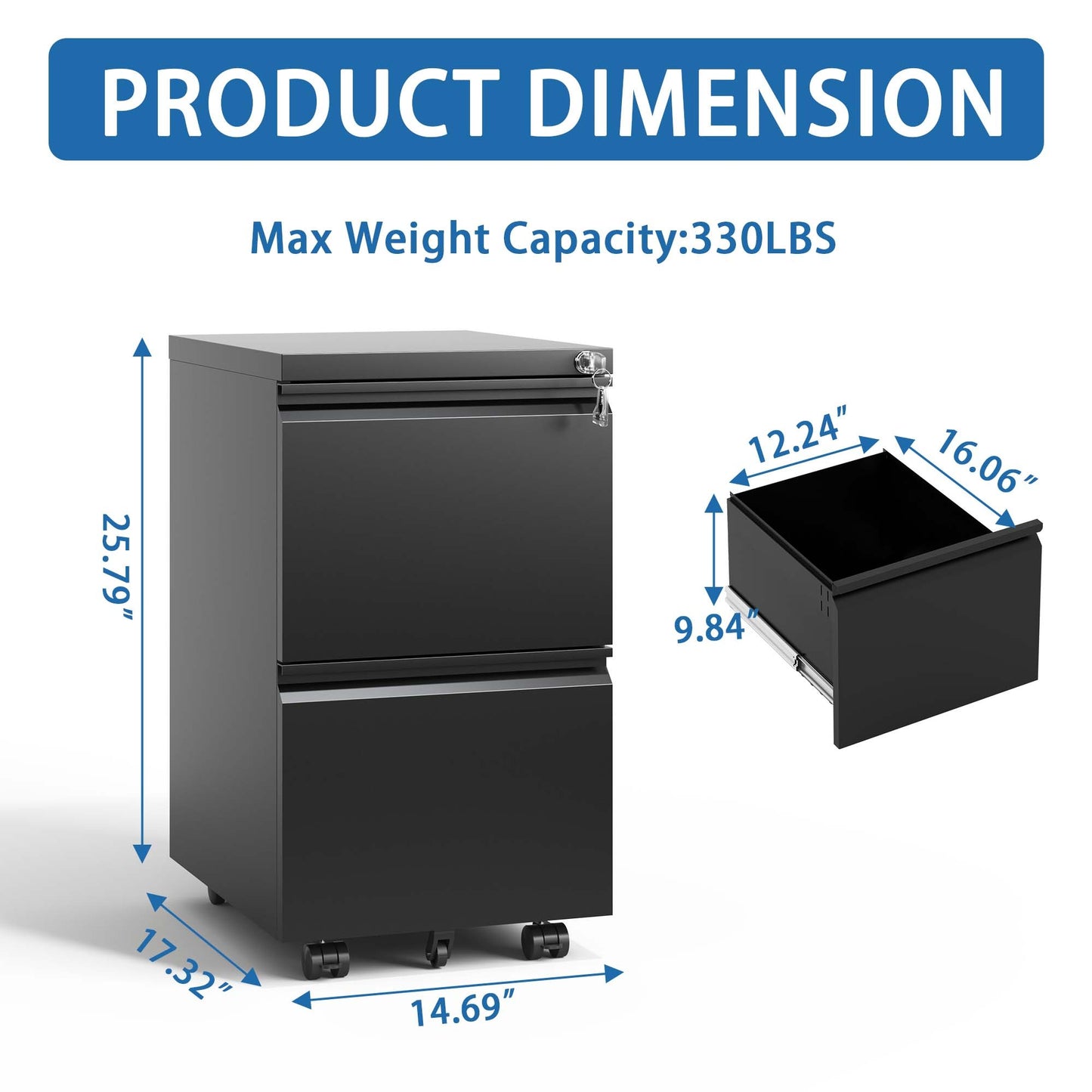 2 Drawer Metal Mobile File Cabinet, Rolling File Cabinet With Lock For Hanging Legal Letter A4 Size,Fully Assembled Except Wheels