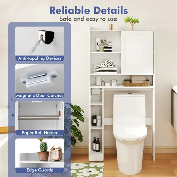 Over-The-Toilet Storage Cabinet White- 1 Top Shelf 2 Enclosed Cabinets Toilet Paper Holder,