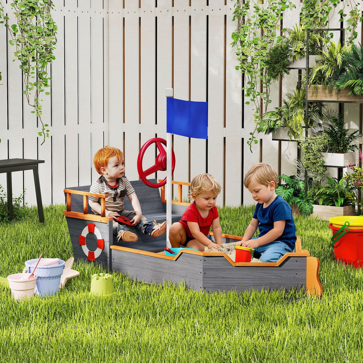 Kids Wooden Sandbox Pirate Ship Sandboat W Bench Seat Storage Space Ceder Wood, Gray