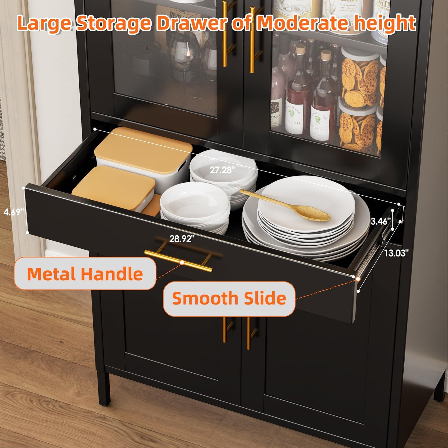 73 Inch Metal Tall Arched Display Cabinet, Metal Arched Bookshelf With Doors,Shelves,Drawers, Modern Freestanding Bookcase For Home Office Bar Living Room ,Black