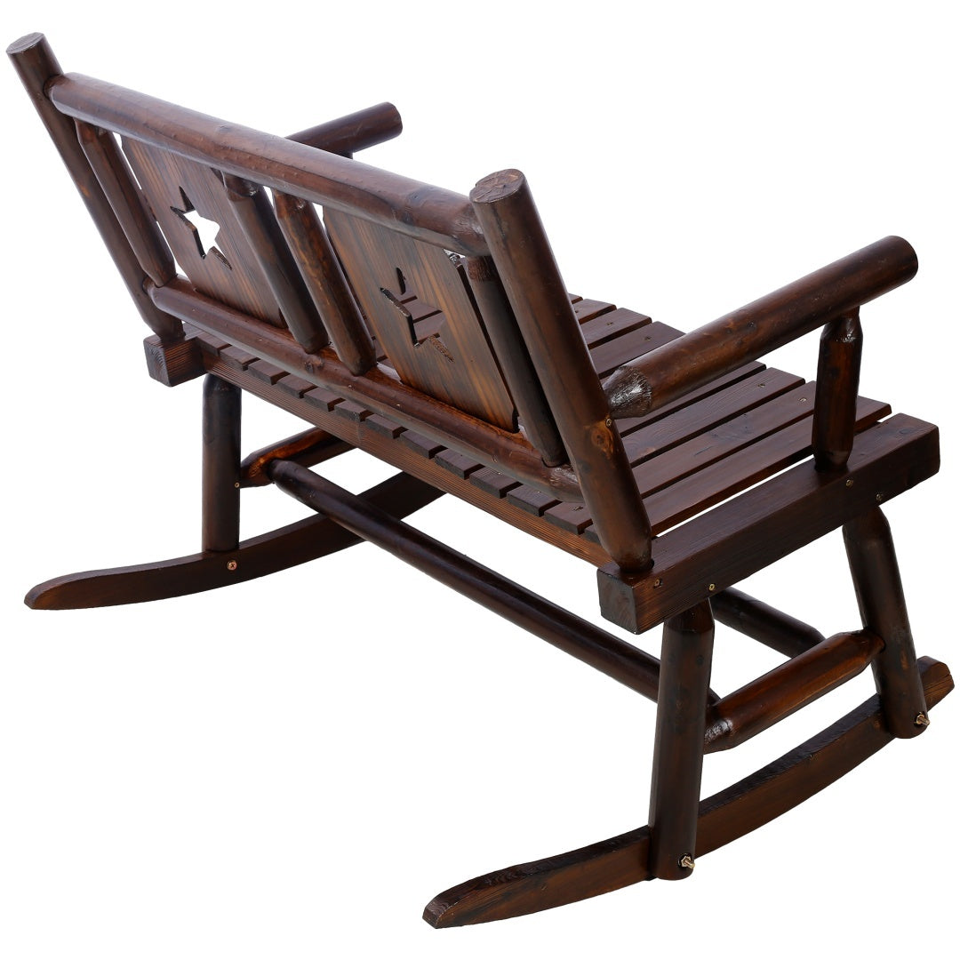 Outdoor Solid Wood Rocking Chair Bench Carbonized Double Rocking Chair For 2 People With Wide Curved Seat For Porch, Garden, Backyard, Rustic Brown