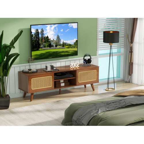 Mid Century Modern Rattan TV Stand Entertainment Cabinet