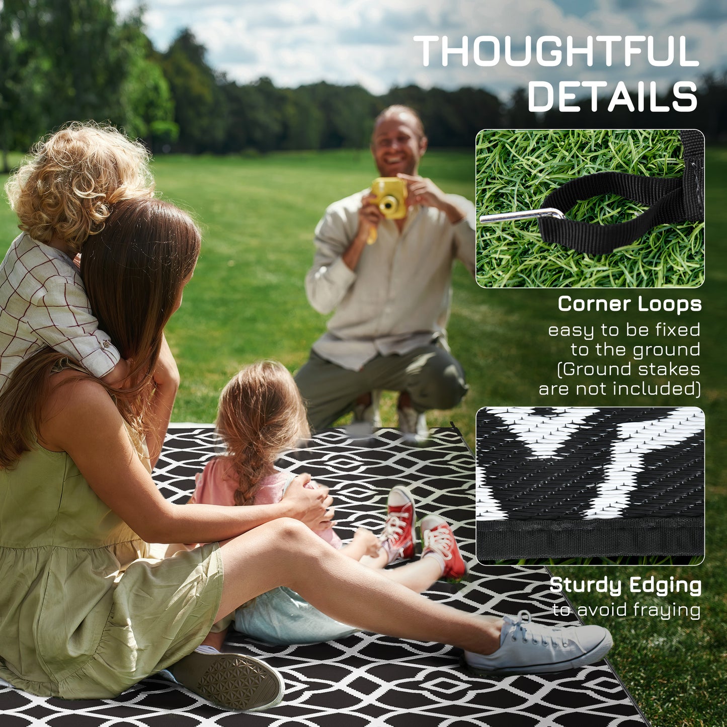 Outdoor Reversible Waterproof Portable Black And White Carpet Rug Decor Polypropylene