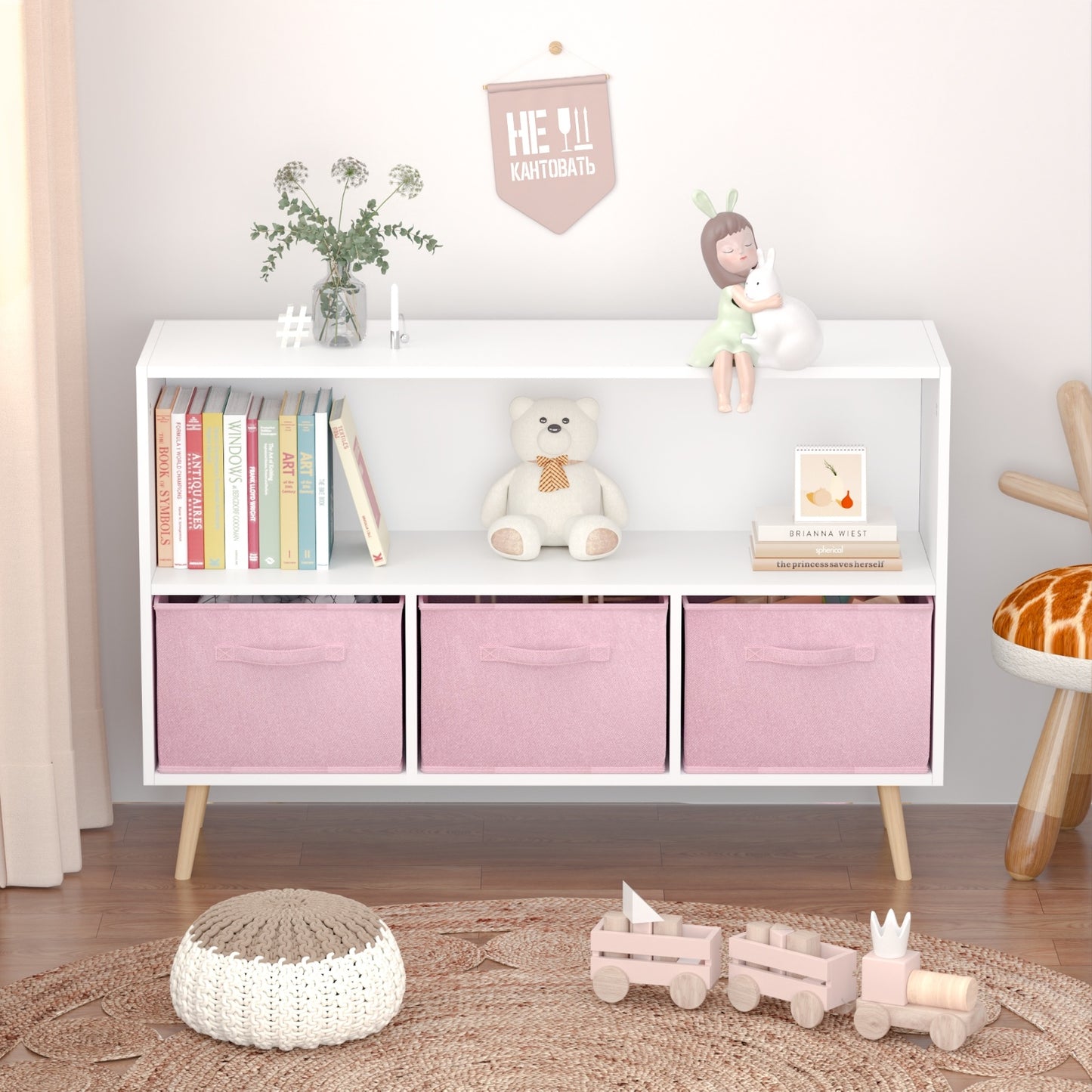 Kids Bookcase With Fabric Drawers, Children's Book Display & Toy Storage Cabinet