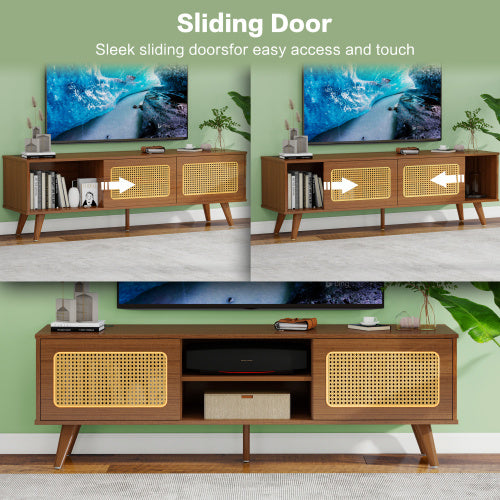 Mid Century Modern Rattan TV Stand Entertainment Cabinet