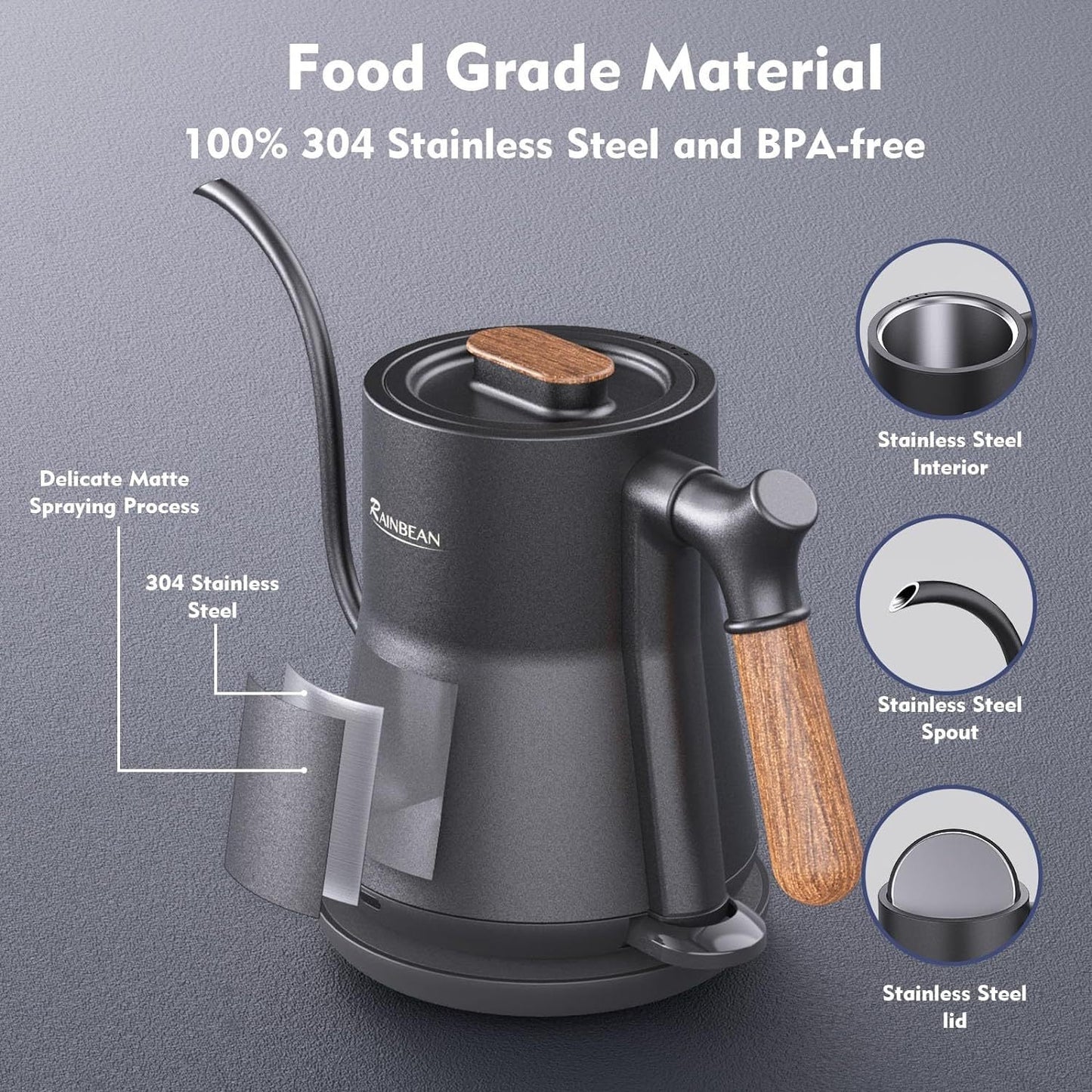 Stainless Steel Inner Electric Kettle Coffee, Hot Water Tea, With Leak Proof Design, Rapid Heating, Auto Shutoff, Gooseneck