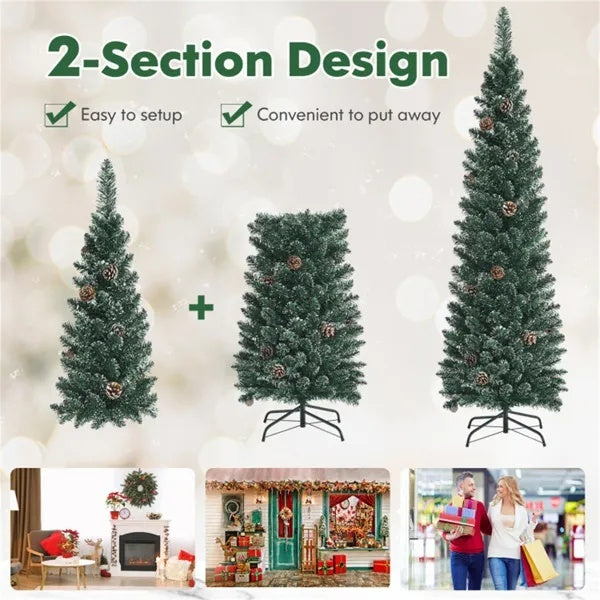 5FT Green Artificial Christmas Tree - 214 Lush Tips, 25 Realistic Pine Cones, Foldable Metal Stand