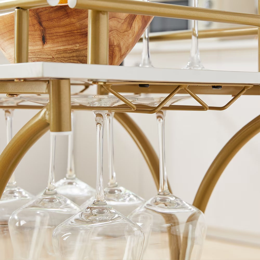 2 Tier Bar Car, Golden Wine Cart with Wine Rack & Glass Rack, Mobile Bar Service Car, Party, Home, Living Room Rolling Drink Car