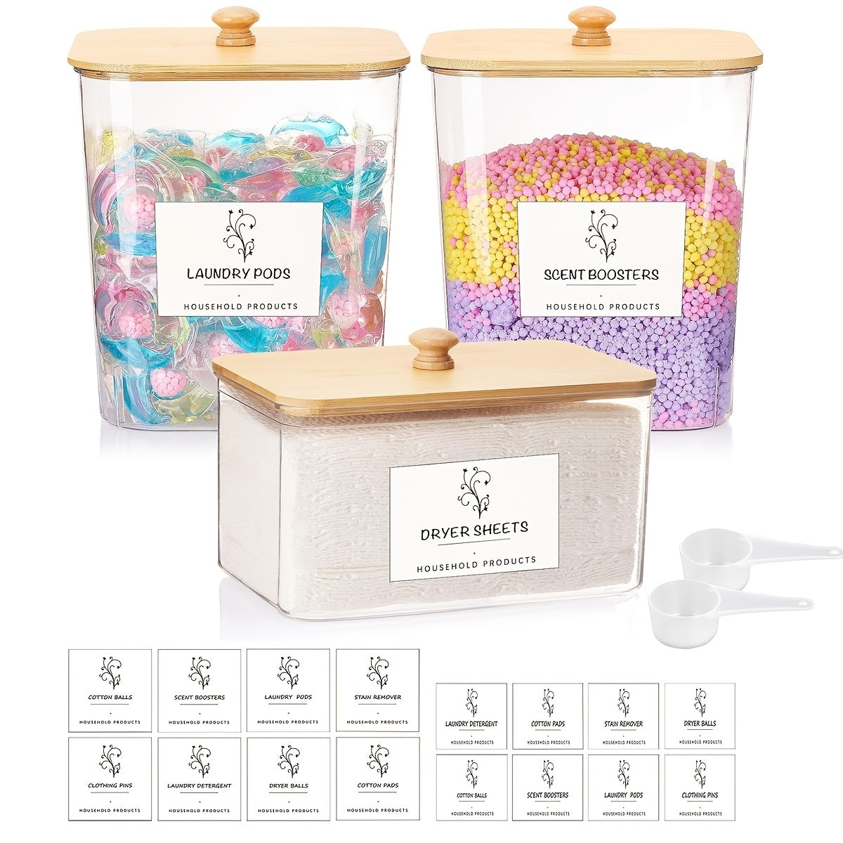 3-Pack Laundry Room Organization Storage Boxes, Clear Laundry Bead Containers And Dryer Sheet Holders Set With Lids And Labels For Detergent, Washing Powder, Dryer Balls, Laundry Beads