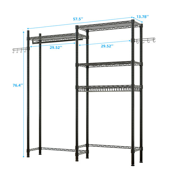 Double Row With Hanging Clothes Bar, 1 Layer Rack, 3 Mesh Baskets, Open Style Wardrobe Made Of Iron