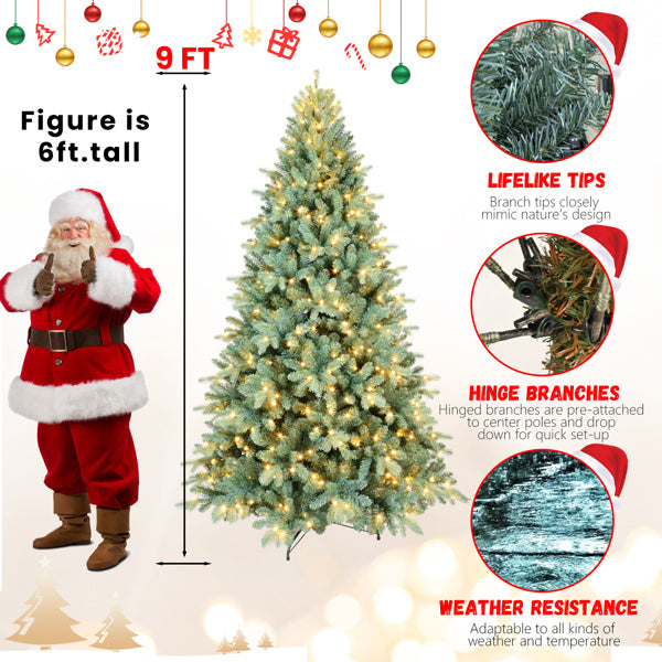 Artificial 9ft Blue Green Tint Christmas Tree With 3268 PE PVC Mixed Branch Tips, 800L Warm White Led, Memory Wire Iron Wire, Hinged Premium & Foldable Base For Indoor Holiday Decorating