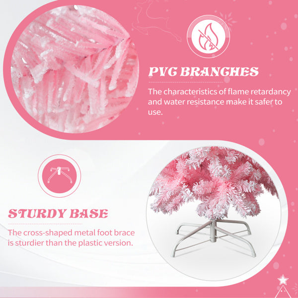 7.5 FT Snow Flocked Hinged Christmas Tree, Artificial Pencil Christmas Tree, Unlit Artificial Christmas Pine Tree With 641 Branch Tips And Sturdy Stand, Pink