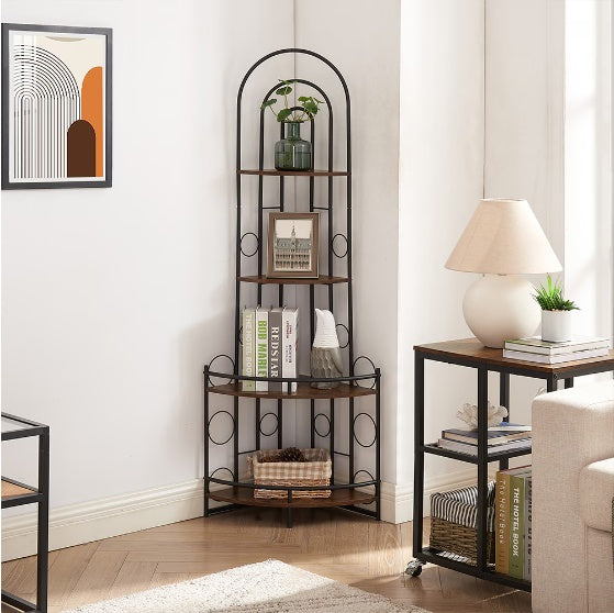 Corner Storage Shelf, 4 Tier Corner Bookshelves, Plant Shelf with Metal Frame, For Living Room, Kitchen, Home Office, Modern Style Plant Stand With Metal Frame