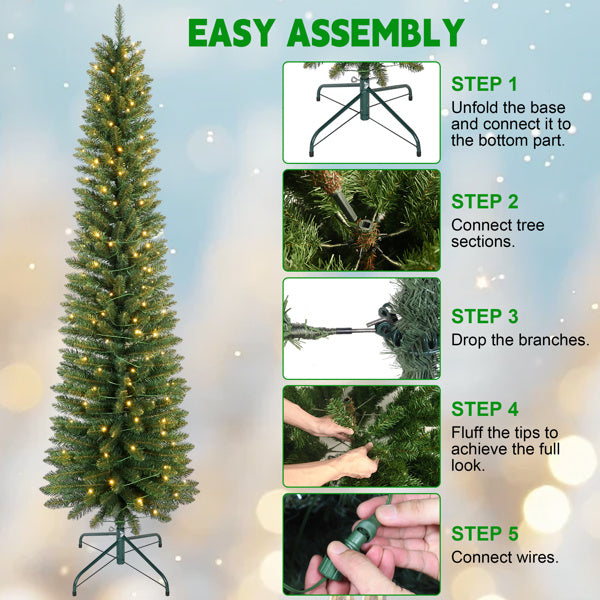 5FT Green Pencil Christmas Tree With LED Lights Slim PVC Tree With 263 Tips, Compact Design, Stable Metal Stand, Easy To Assemble