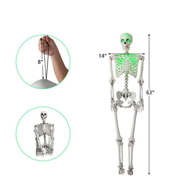 5.5ft Life-Size Pre-Lit Halloween Skeleton - Built-In Green LED Lights Eyes Chest , Fully Poseable Joints, PP PE Material
