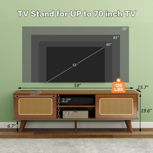Mid Century Modern Rattan TV Stand Entertainment Cabinet
