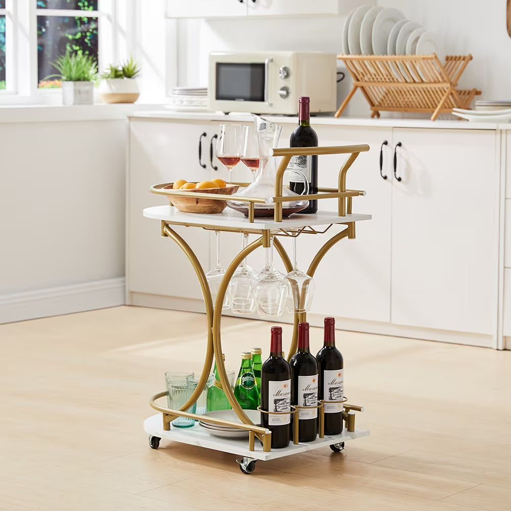 2 Tier Bar Car, Golden Wine Cart with Wine Rack & Glass Rack, Mobile Bar Service Car, Party, Home, Living Room Rolling Drink Car