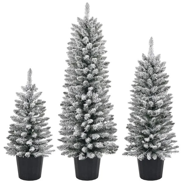 Set Of 3 Pre-lit Xmas Trees With Pot Stands, Snow Flocked Artificial Christmas Trees WithWarm Lights Battery Operated And Branch Tips For Holiday Party Office Home