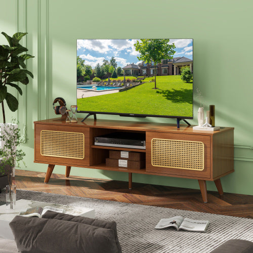 Mid Century Modern Rattan TV Stand Entertainment Cabinet