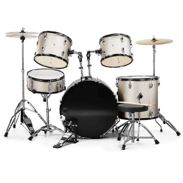 Full Size AdultDrum Set 5-Piece Silver With Bass Drum, Two Tom Drum, Snare Drum, Floor Tom, Stool, Drum Pedal, Sticks