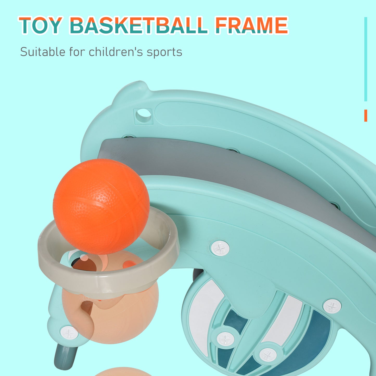 Toy basketball frame with an orange ball on a light blue background