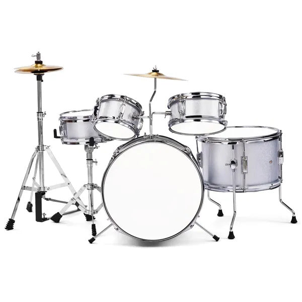 5-Pieces Junior Kids Drum Set Kit Pedal Drum Stick Wrench Drum Stool Silver