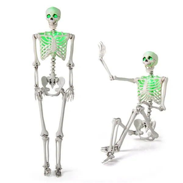 5.5ft Life-Size Pre-Lit Halloween Skeleton - Built-In Green LED Lights Eyes Chest , Fully Poseable Joints, PP PE Material