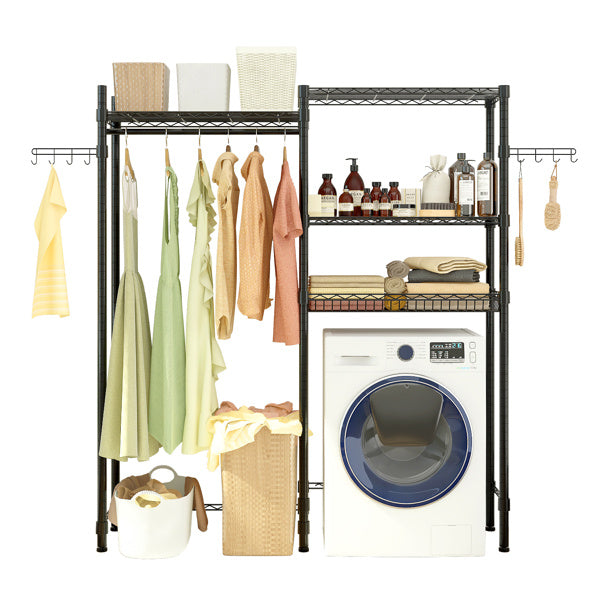 Double Row With Hanging Clothes Bar, 1 Layer Rack, 3 Mesh Baskets, Open Style Wardrobe Made Of Iron