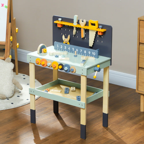 Qaba Kids Wooden Tool Bench, 49 Piece Kids Workbench Playset, Pretend Play Toy Construction Tool Set For Toddlers Age 3-6 Years, Light Blue