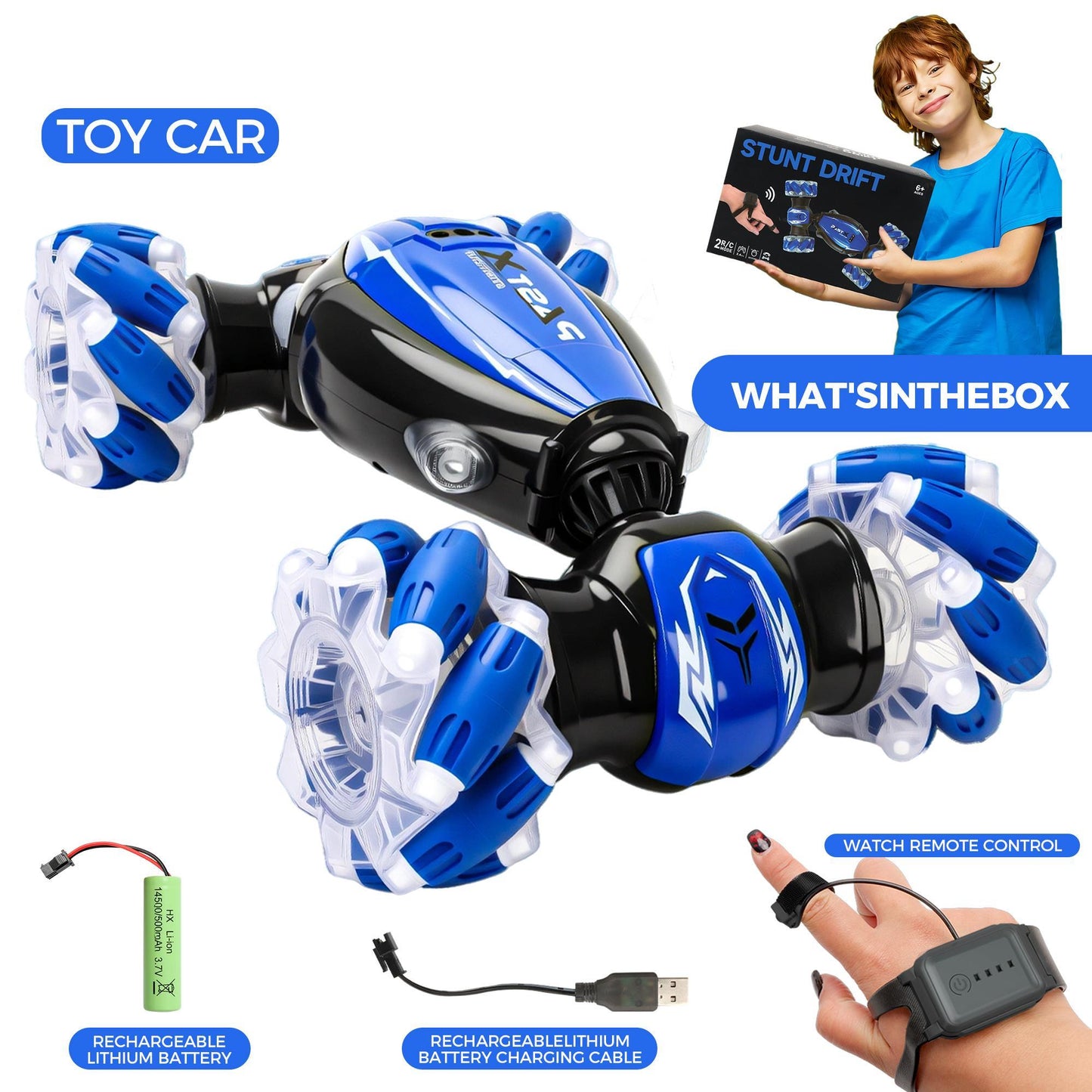 Toy car with remote control, battery, and charging cable displayed on a white background.