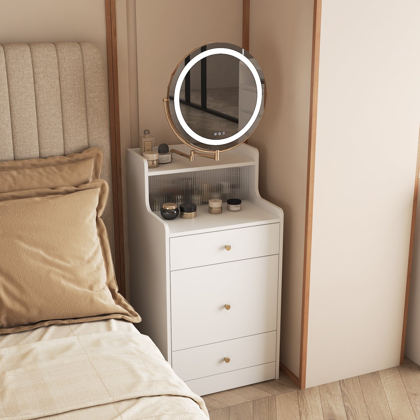 3 In 1 Vanity Desk With Mirror And Light ,Small Makeup Vanity Set With Charging Station, With 2 Drawers And Open Storage Space, With Upholstered Stool, Compact Dressing Table Writing Desk For Small Sp