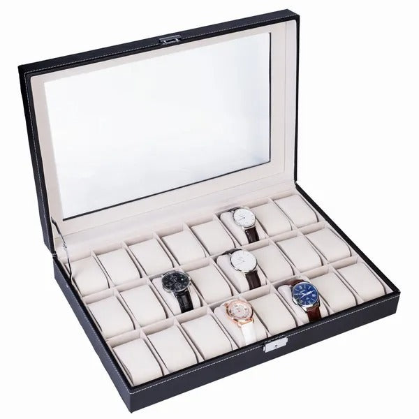 24 Slot Elegant Portable Black Watch Box Case Organizer For Storage Display Holds Watches Jewelry For Men Women