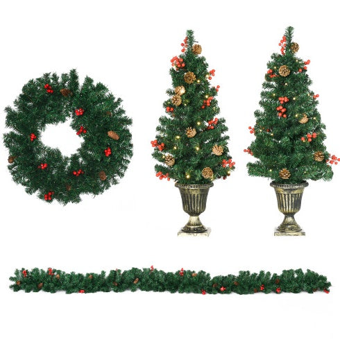 HOMCOM Pre lit Holiday Christmas 4-Piece Set, Garland Wreath And Set Of 2 Entrance Trees With Warm White LED Lights, Red Berries, Pine Cones, Green