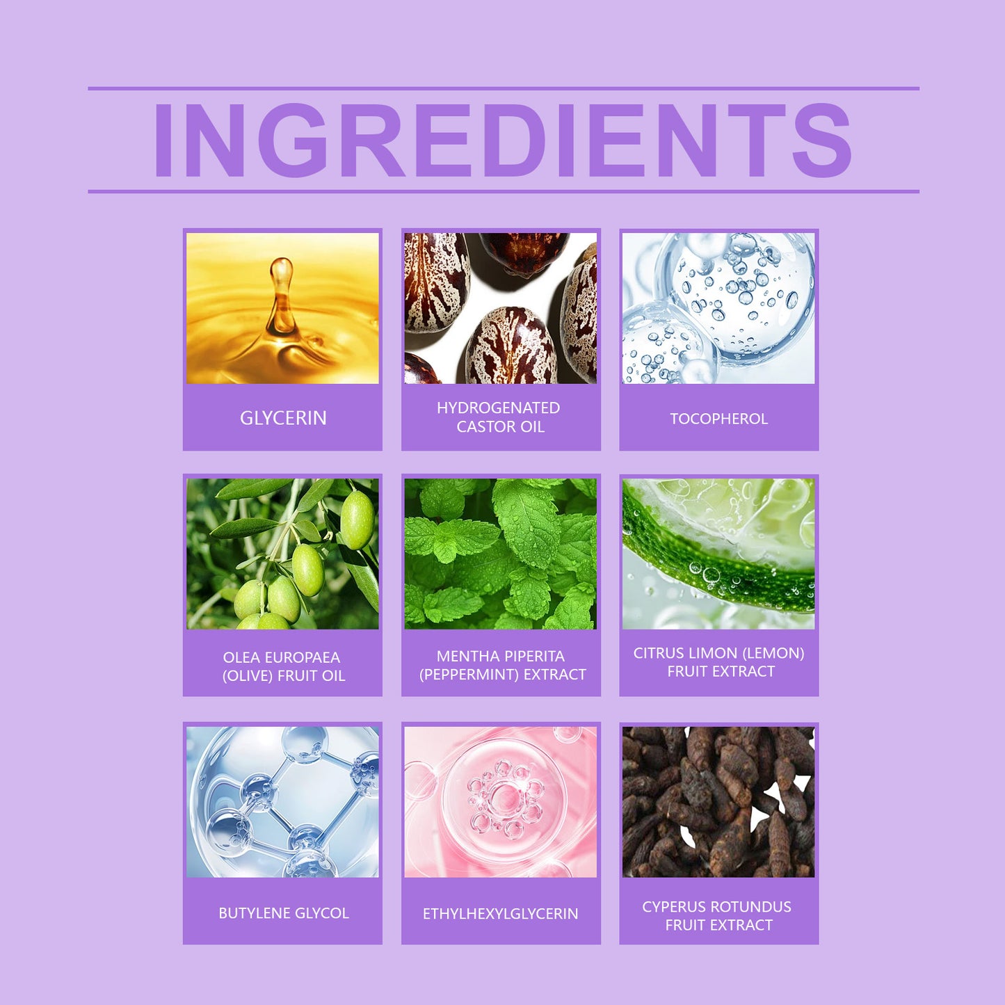 List of skincare ingredients with corresponding images and names on a purple background