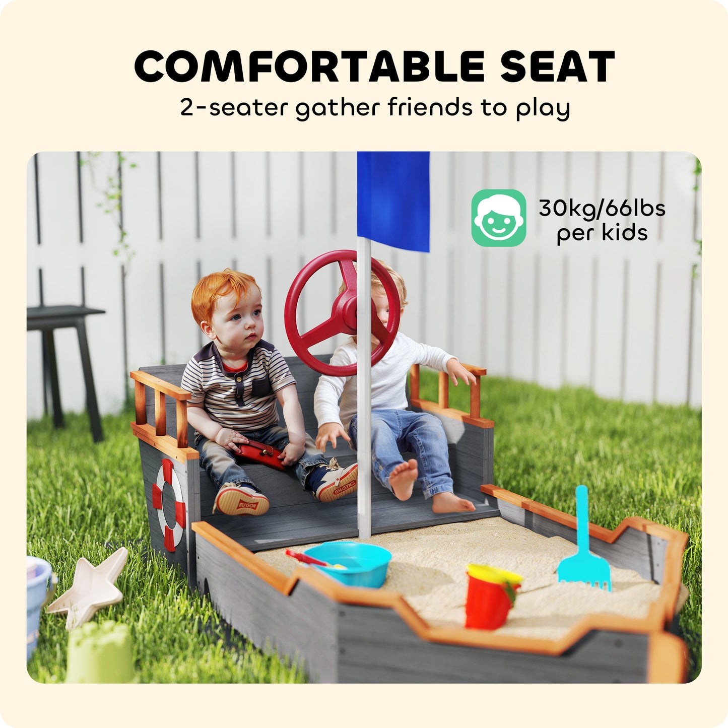 Kids Wooden Sandbox Pirate Ship Sandboat W Bench Seat Storage Space Ceder Wood, Gray