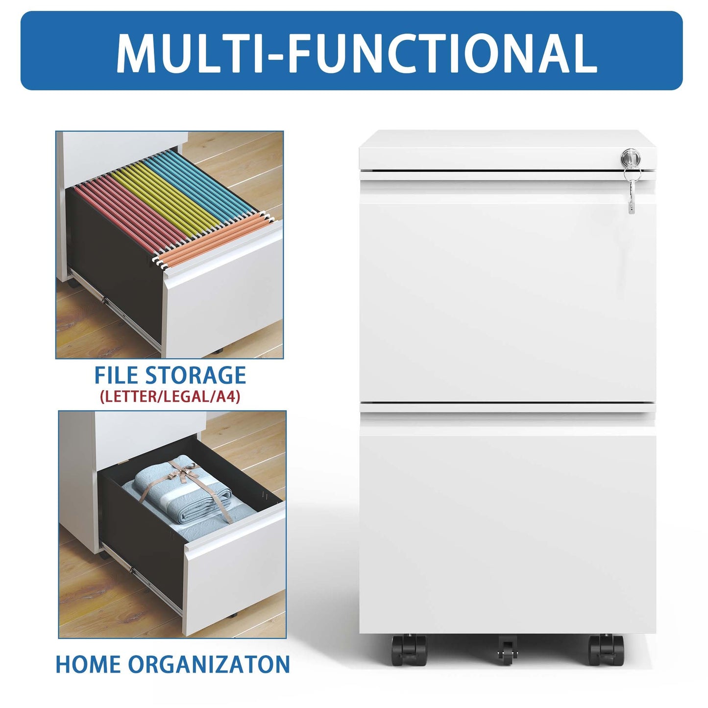 2 Drawer Metal Mobile File Cabinet, Rolling File Cabinet With Lock For Hanging Legal Letter A4 Size,Fully Assembled Except Wheels