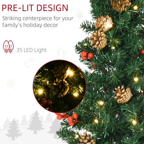 HOMCOM Pre lit Holiday Christmas 4-Piece Set, Garland Wreath And Set Of 2 Entrance Trees With Warm White LED Lights, Red Berries, Pine Cones, Green