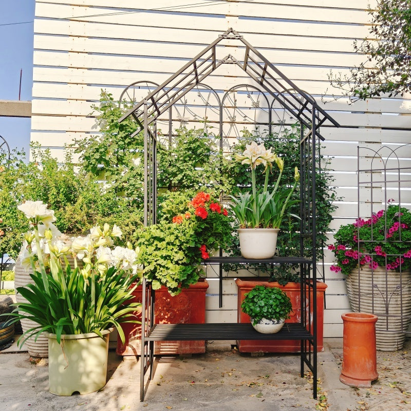 Metal Garden Arch, With Benches That Can Be Converted Into Flower Racks, Climbing Plants To Support Rose Arches, Outdoor Black