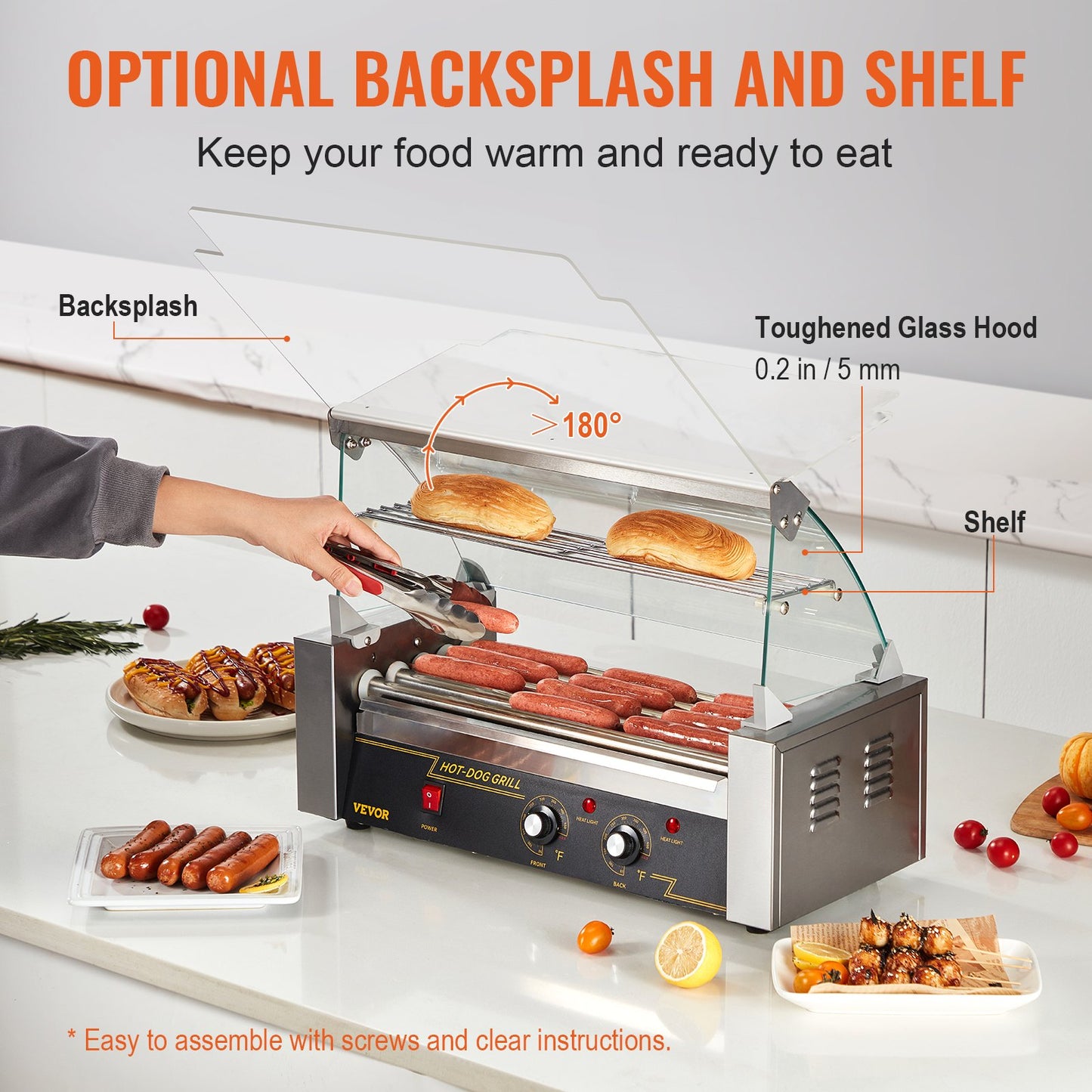 Hot Dog Roller 5 Rollers 12 Hot Dogs Capacity, 750W Stainless Sausage Grill Cooker Machine With Dual Temp Control Glass Hood Acrylic Cover Bun Warmer Shelf Removable Oil Drip Tray ETL Certified