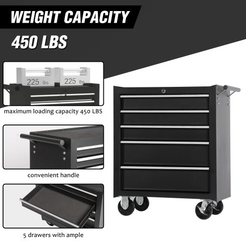 5-Drawer Rolling Tool Chest W Lock Key, Tool Storage Cabinet With Wheels, Top Cushion & Drawer Liners, Tool Organizer Box For Garage, Warehouse Repair Shop