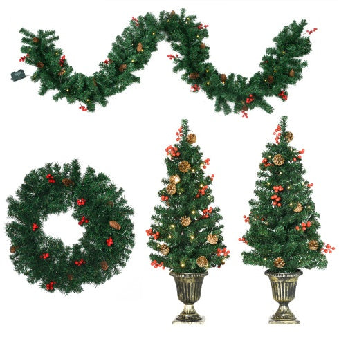 HOMCOM Pre lit Holiday Christmas 4-Piece Set, Garland Wreath And Set Of 2 Entrance Trees With Warm White LED Lights, Red Berries, Pine Cones, Green