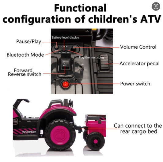 Kids Electric Ride On Tractor With Trailer, 12V Powered Children's Farm Tractor Toy Car With LED Lights, Music, PP Material, For 3-6 Years Old