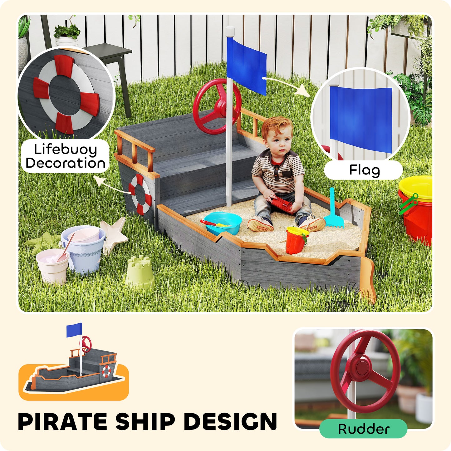 Kids Wooden Sandbox Pirate Ship Sandboat W Bench Seat Storage Space Ceder Wood, Gray